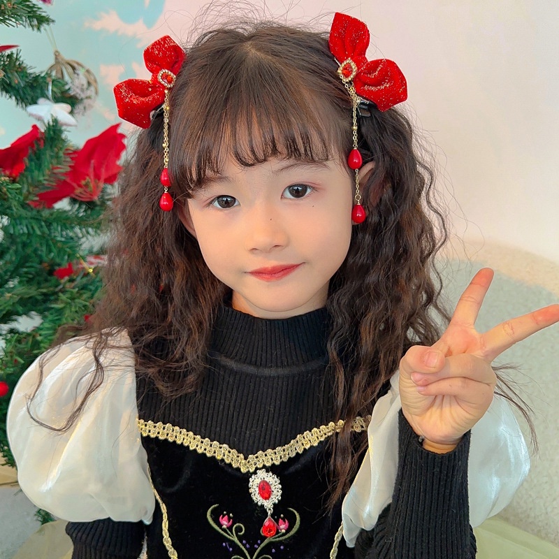 Kẹp Tóc Nơ Đỏ Hồng Phong Cách Công Chúa Dễ Thương Mừng Năm Mới Cho Bé Gái