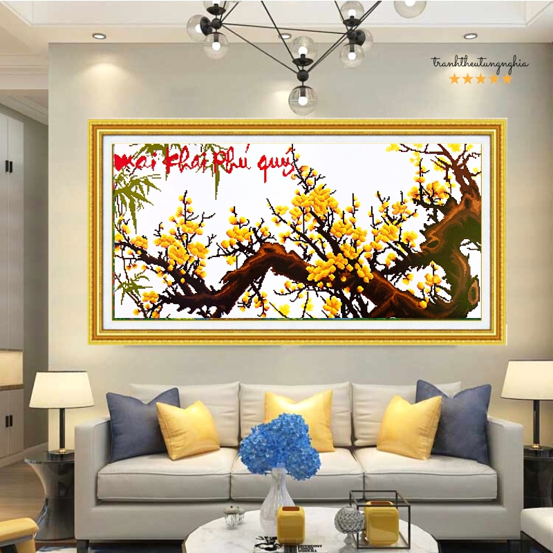Tranh thêu chữ thập mai khai phú quý 89cm x 48cm
