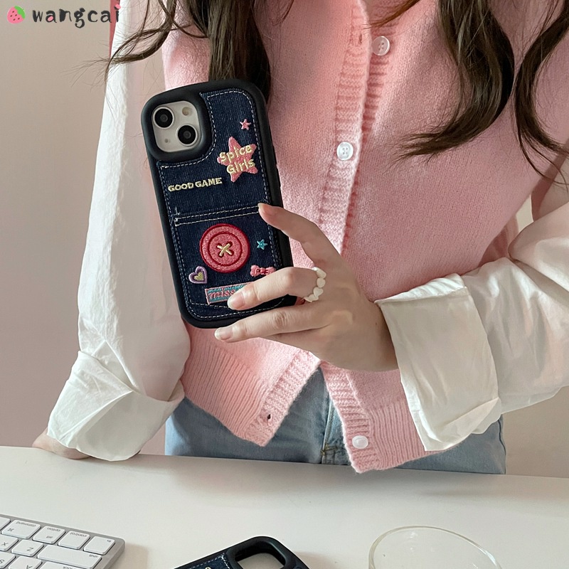 Ốp Điện Thoại Denim Thêu Hình Cô Gái / Ngôi Sao / Nơ Chống Sốc Cho iPhone 14 Plus 14 13 12 11 Pro Max