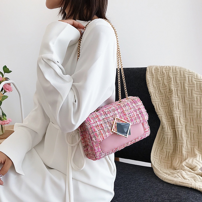 Túi Đeo Vai Bằng Len Phối Dây Xích Phong Cách Hàn Quốc Thời Trang Dành Cho Nữ