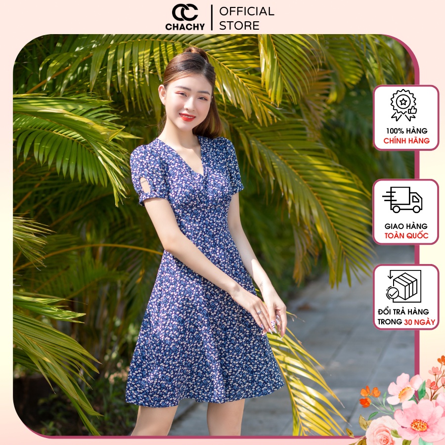 Đầm cổ v xanh CHACHY CC48