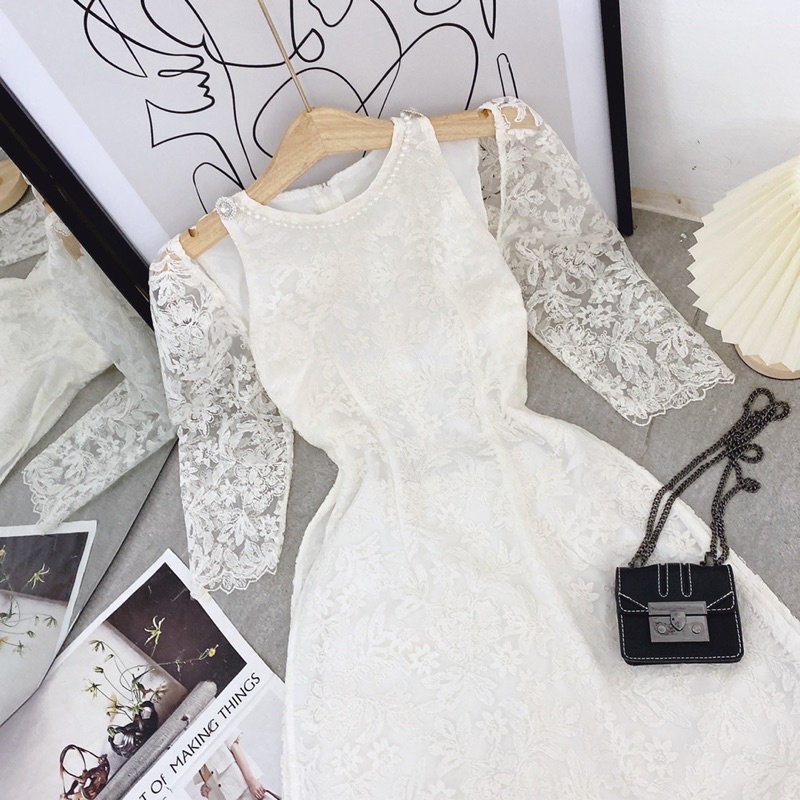 Áo dài cách tân truyền thống ren lưới loại 1 hở vai màu nude kem chơi Tết dự tiệc