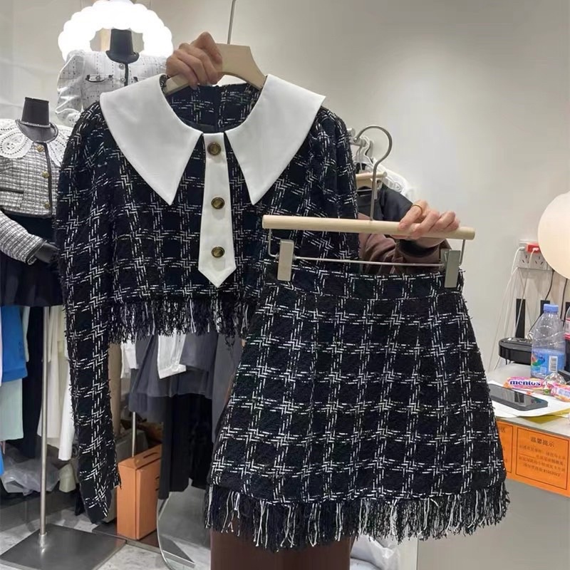 Set Dạ Tua Rua Kẻ Ô