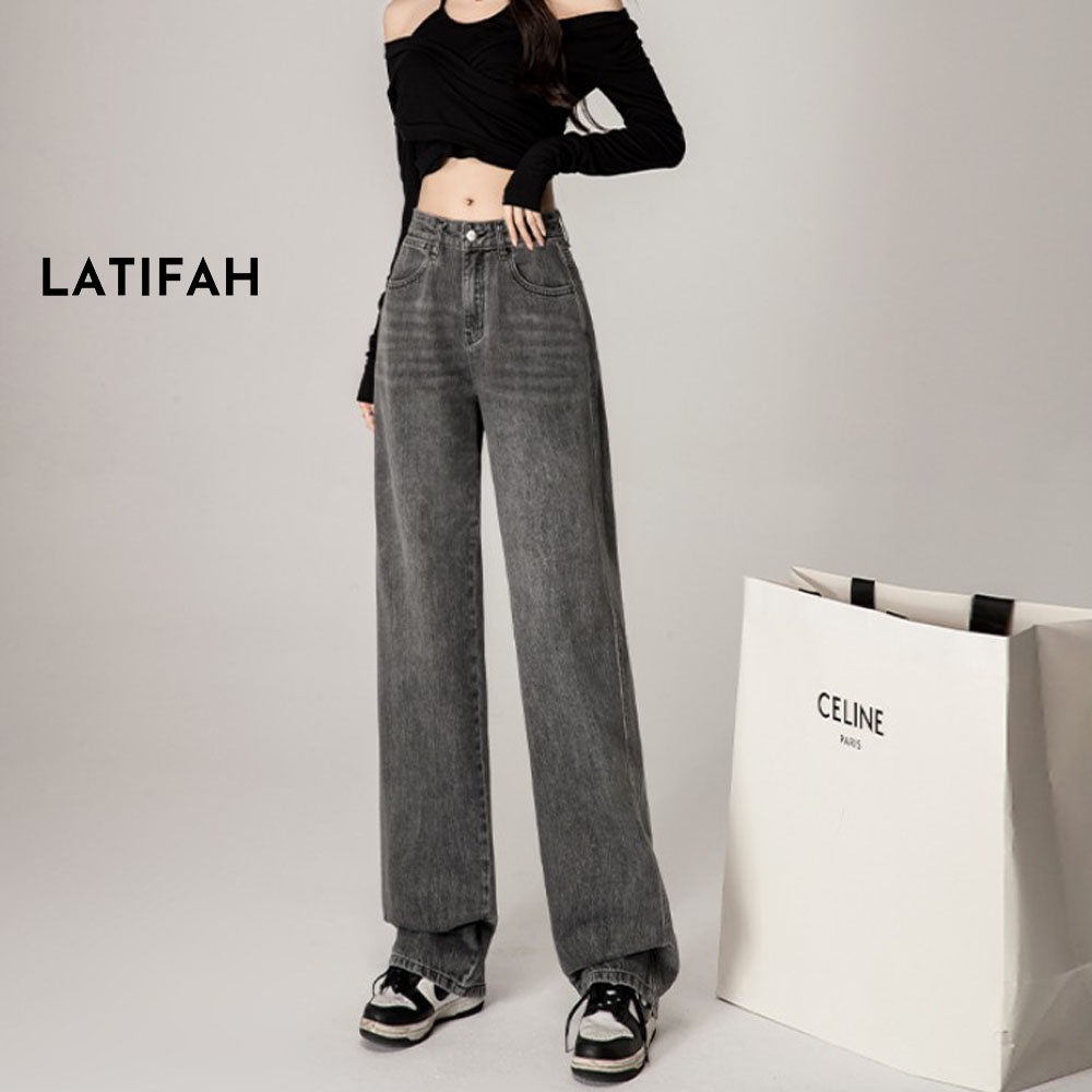 Quần baggy jeans nữ LATIFAH ống rộng đơn giản màu Xám dài 98cm phong cách năng động trẻ trung QD255