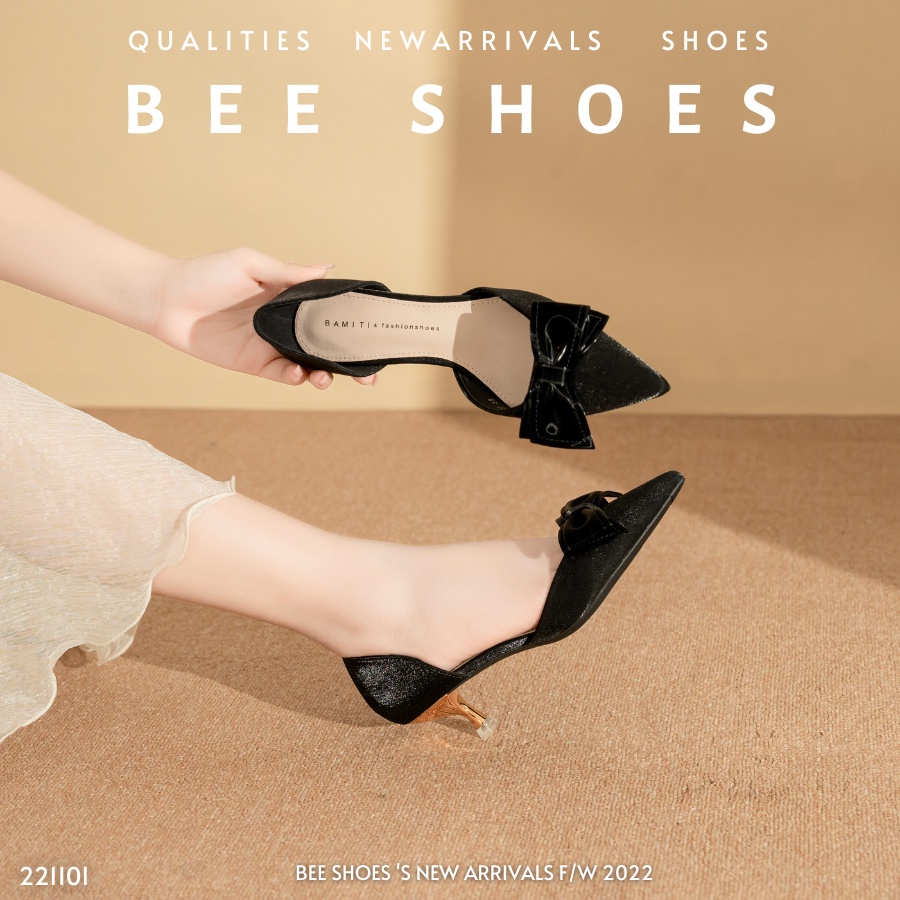 BEESHOES - GIÀY CAO GÓT NỮ MŨI NHỌN - GIÀY CAO GÓT NỮ GÓT NHỌN KHOÉT HÔNG CAO 5 PHÂN SẴN MÀU ĐEN KEM 221101