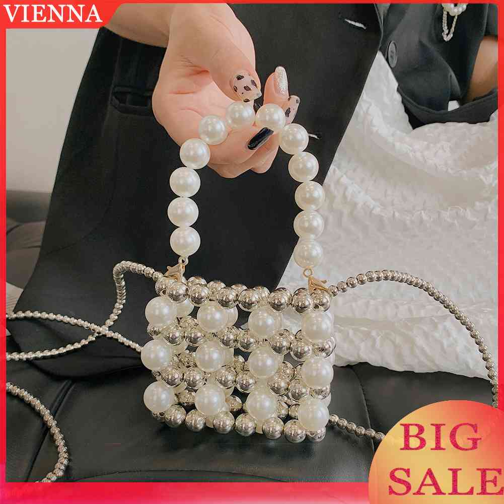 Túi Xách Đeo Chéo Đính Hạt Ngọc Trai Hình Vuông Mini Cho Nữ