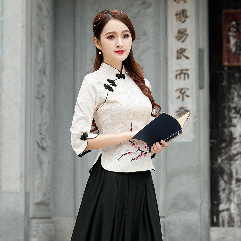 IELGY  Áo Thun Qipao Tay Dài Vừa Thêu Họa Tiết Màu Đỏ Phong Cách Trung Hoa Cổ Điển Thời Trang Cho Nữ