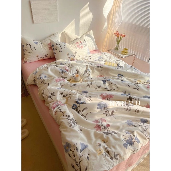 Bộ Chăn Ga Gối Cotton Living 100%Cotton Hàng Nhập Khẩu Cao Cấp 4 Món Hoa Dây Trắng Vintage