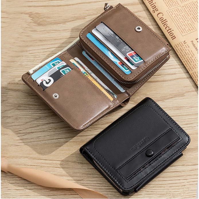 Ví Da PU Ngắn Gập Làm Ba Đựng Nhiều Thẻ Có Khóa Kéo Đa Năng Phong Cách Retro Cho Nam