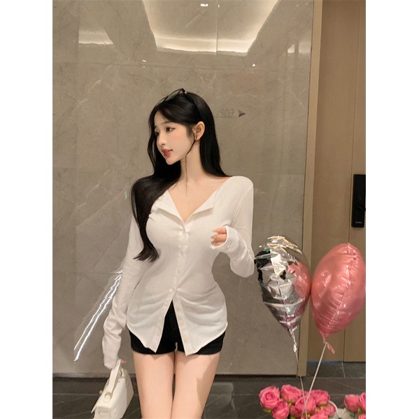 Áo Sơ Mi Nữ Tay Dài Cổ Chữ V Màu Trơn Phong Cách Thời Trang Mùa Thu Mới
