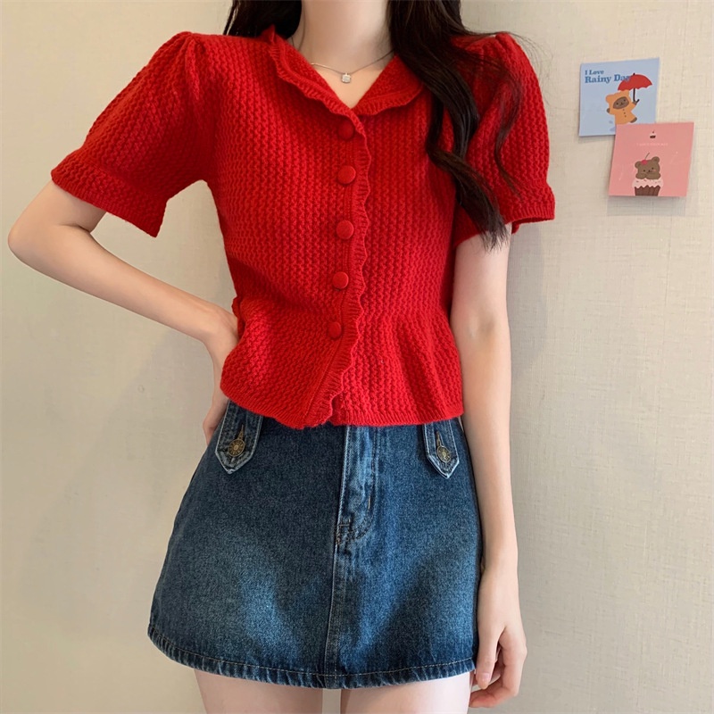 Áo len nữ cộc tay - len dệt kim co giãn nhẹ freesize dưới 50kg dáng babydoll cài cúc 3 màu xinh