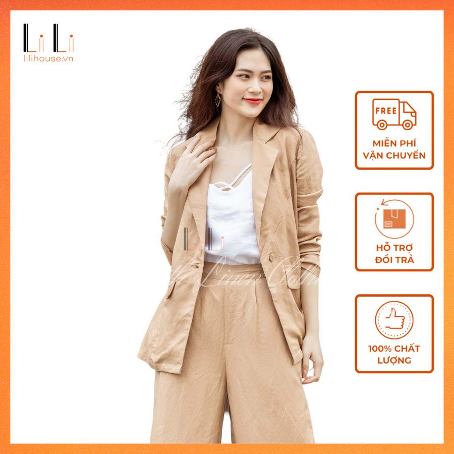 Áo Khoác Blazer Nữ Linen Tay Dài Phối Cùng Quần Suông Ống Rộng Nữ Hoặc Quần Short Thiết Kế Cao Cấp - Ladyco