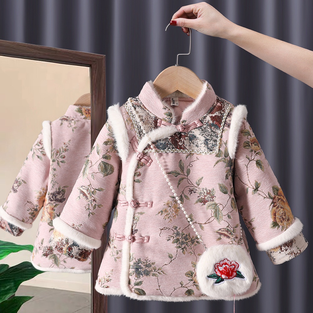 Đầm Sườn Xám May Chần Dày Dặn Phong Cách Trung Hoa Mừng Năm Mới Cho Bé Gái