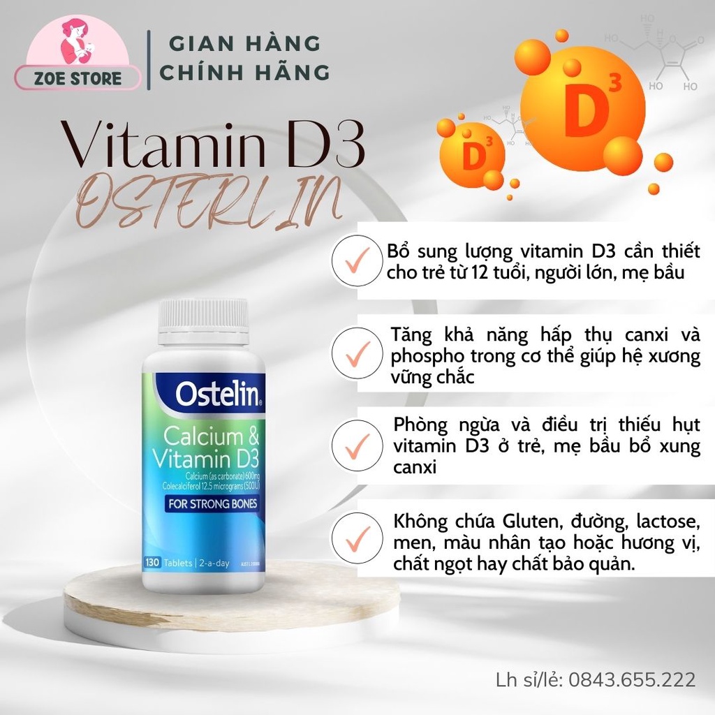 Canxi Osterlin and Vitamin D3 của Úc 130 viên cho người lớn và mẹ bầu