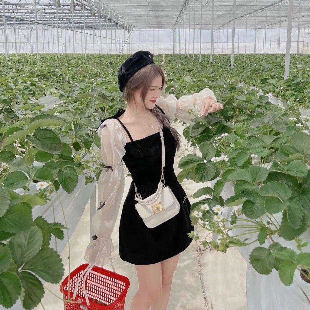 [11.11 Sale Freeship] Đầm nhung tay dài bồng dáng xuông nhẹ nhàng phối tay voan đính nơ dáng chữ A thanh lịch dx