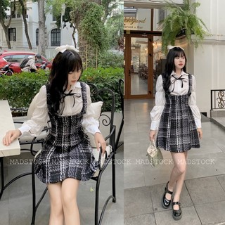 Set váy yếm dạ mix sơ mi kèm nơ tiểu thư thanh lịch