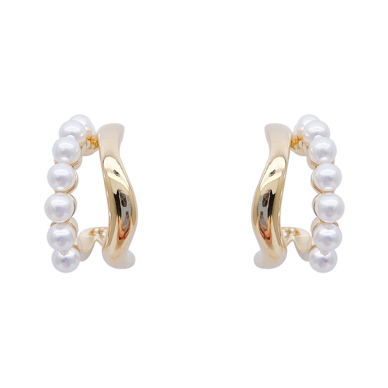 Đôi khuyên tai AY dạng xỏ mạ vàng hình chữ C gợn sóng đính hạt ngọc trai nhân tạo thời trang cho nữ