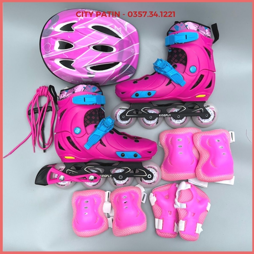 Patin trẻ em người lớn Kingfly W198 bánh cao su đặc, 8 bánh sáng đèn, giày trượt patin chính hãng có bảo hành