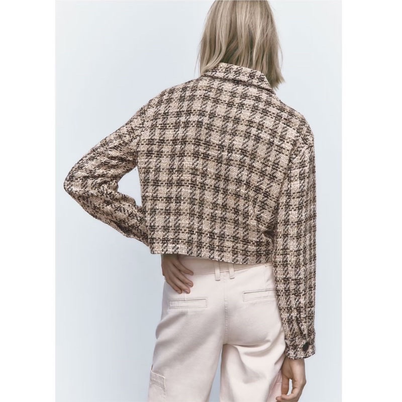 ZA RA áo dạ tweed hoạ tiết kẻ ô màu be kiểu dáng basic A094
