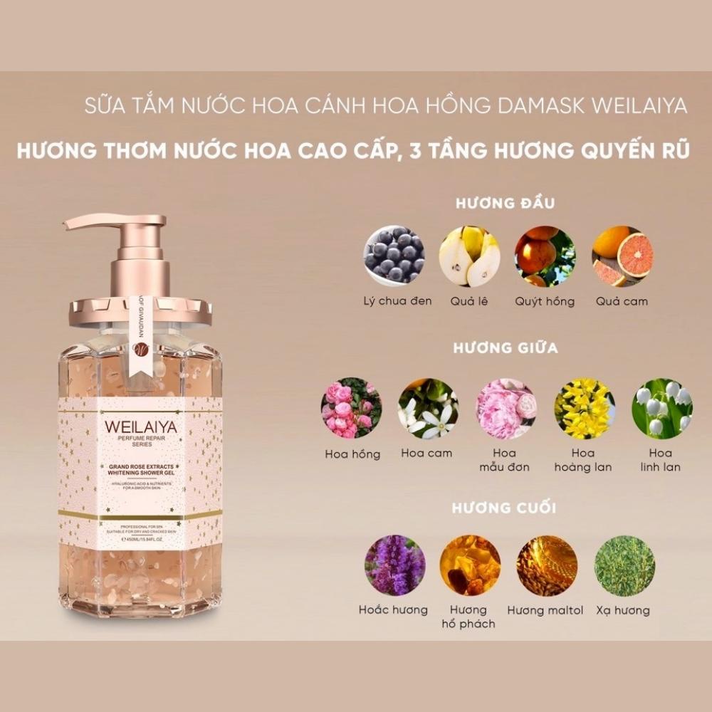 Sữa tắm Weilaiya hương nước hoa, ST trắng da chiết xuất hoa hồng Damask [Mua kèm deal sốc]