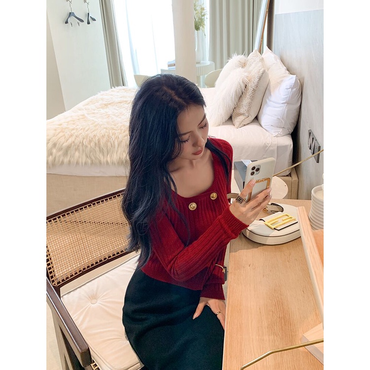 ZHELIHANGFEI Áo Cardigan Dệt Kim Tay Dài Cổ Vuông Lưng Cao Thiết Kế Quyến Rũ