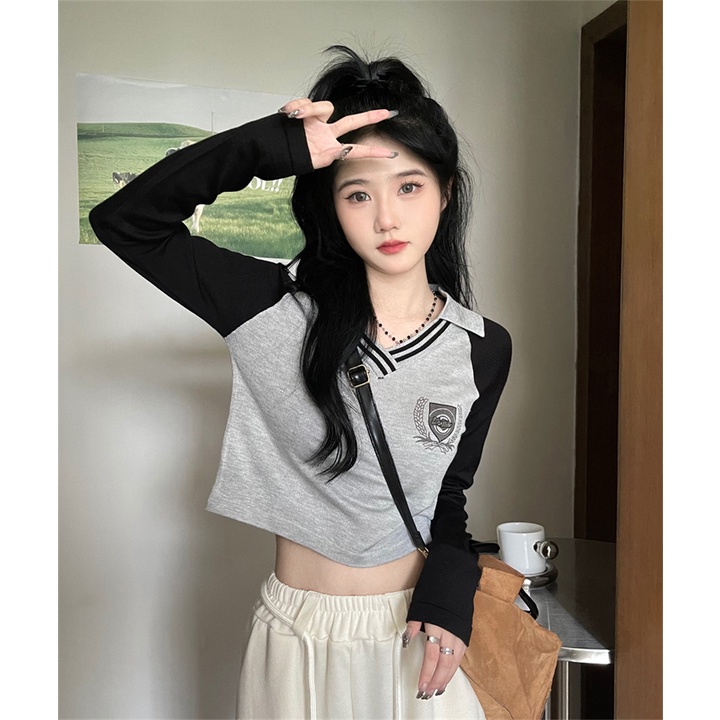 ZHELIHANGFEI Áo POLO Dệt Kim Tay Dài Eo Cao Quyến Rũ Trẻ Trung Phong Cách Mỹ