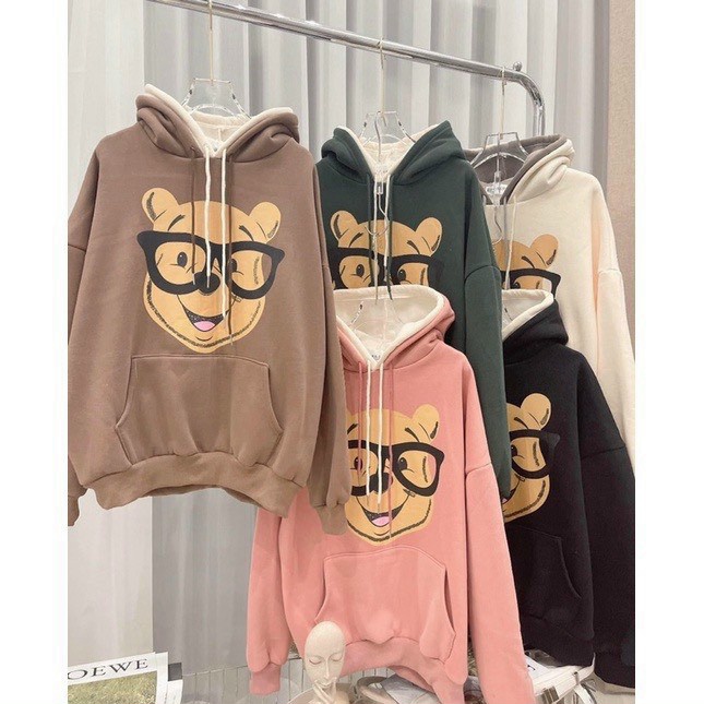Áo Hoodies Nữ Gấu Đeo Kính Vải Nỉ Dày 2 Nón Form Rộng Mặc Đẹp NEW UNISEX