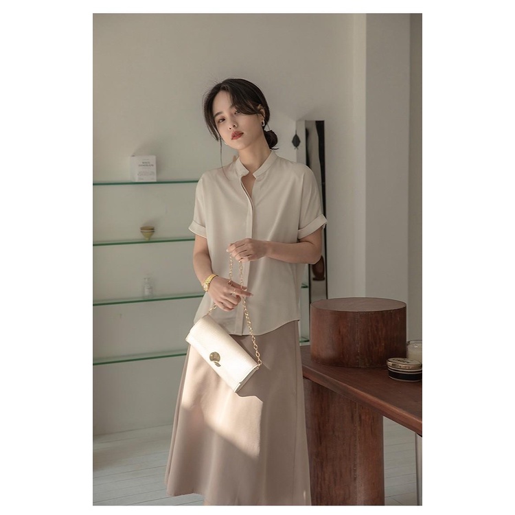 MS964 Áo sơ mi nữ trắng cổ trụ vắn tay thanh lịch