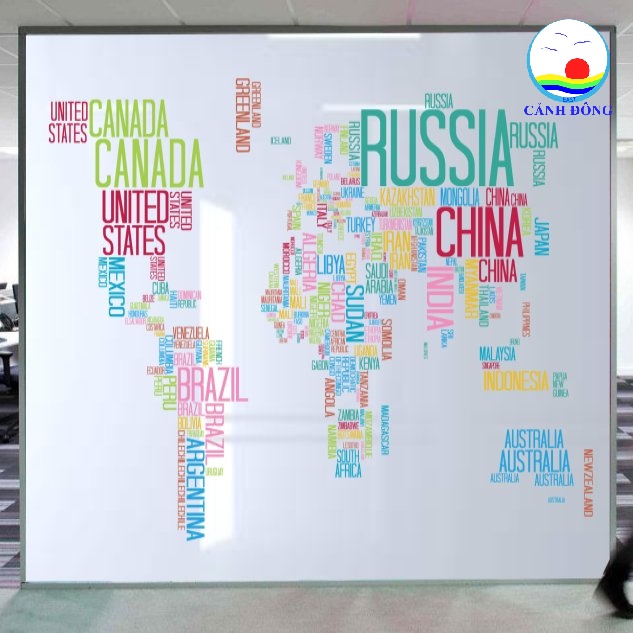 Decal dán tường thế giới tên các nước ban đồ màu sắc dán tường, kính, gỗ - in size theo yêu cầu trên nhiều chất liệu