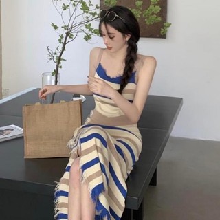Đầm hai dây maxi dài thiết kế dáng suông kẻ sọc ngang thun len gân - Order taobao quảng châu