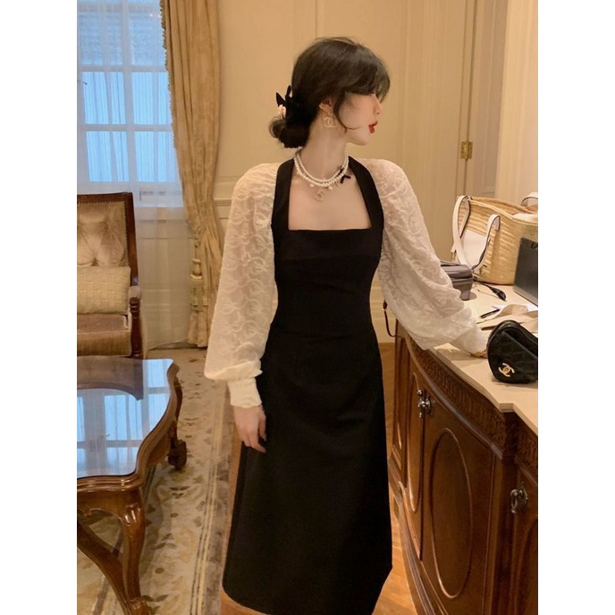 Đầm Dài Cổ Vuông Phối Ren Họa Tiết Bướm Phong Cách Pháp Thanh Lịch Thời Trang Mùa Thu Cho Nữ