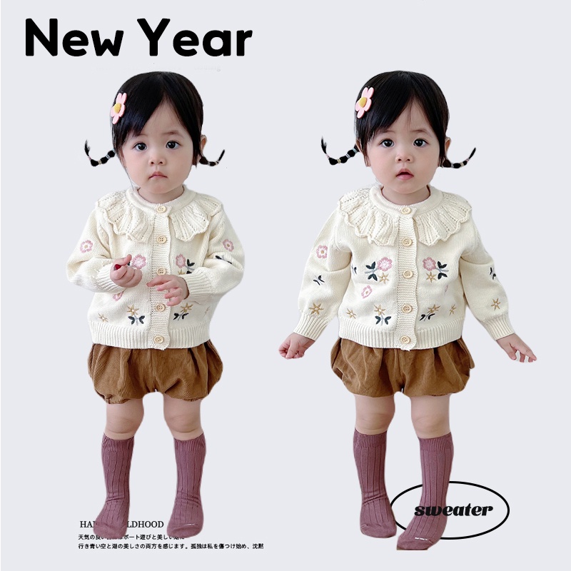 Áo Sweater Cotton Dệt Kim Tay Dài Cổ Lá Sen Thêu Hoa Thời Trang Xuân Thu Cho Bé Gái