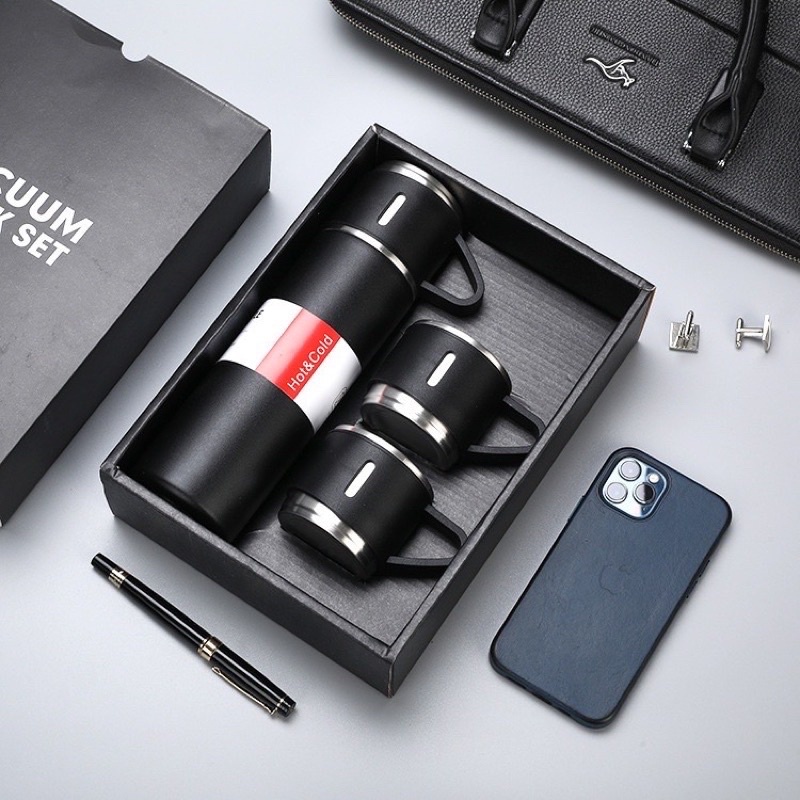 Set Bình Giữ Nhiệt iNox 500ML Kèm 3 Cốc Cực Xịn VACUUM FLASK SET(TÚI ĐEN)