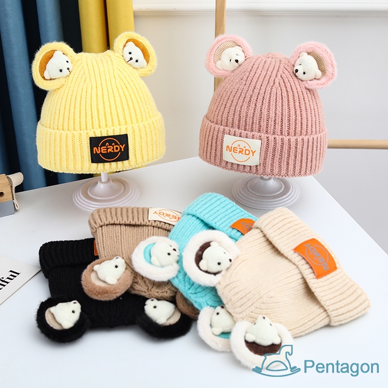 Mũ Dệt Kim Dày Dặn Màu Trơn Đính Tai Gấu Dễ Thương Thời Trang Thu Đông Cho Bé Trai Và Gái