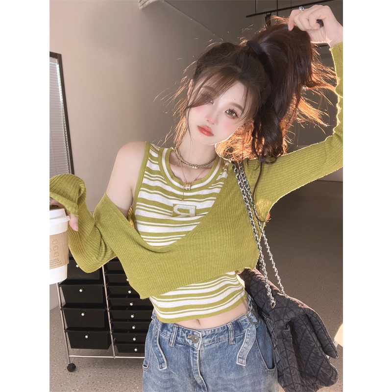 ZHELIHANGFEI Set Áo Len Dài Tay Họa Tiết Kẻ Sọc Và Chân Váy Lưng Cao Phong Cách Phương Tây