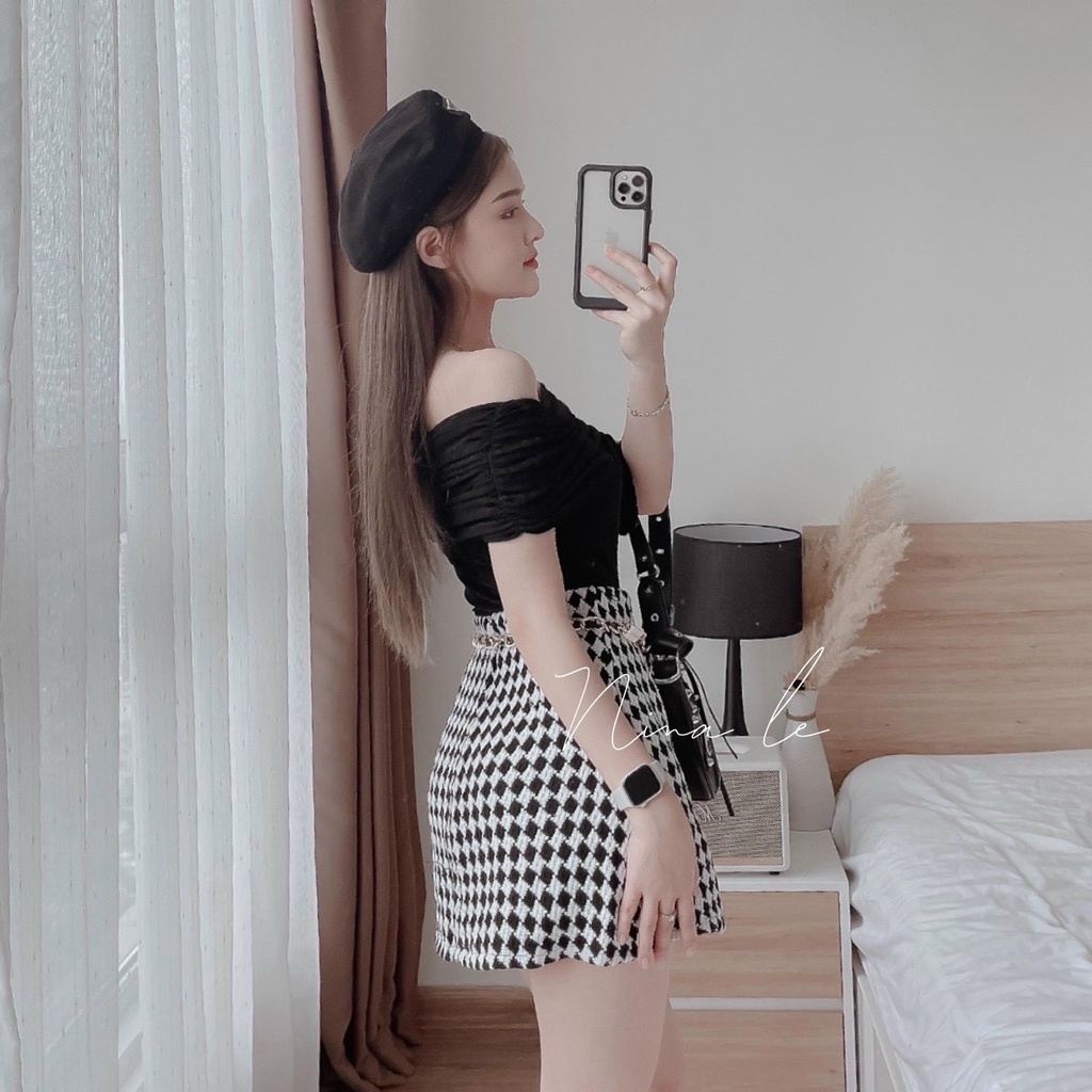Sét váy nữ thời trang mặc đi chơi áo chất cotton ôm trễ vai phối che ngực mix chân váy chữ A chất dạ caro xinh xắn