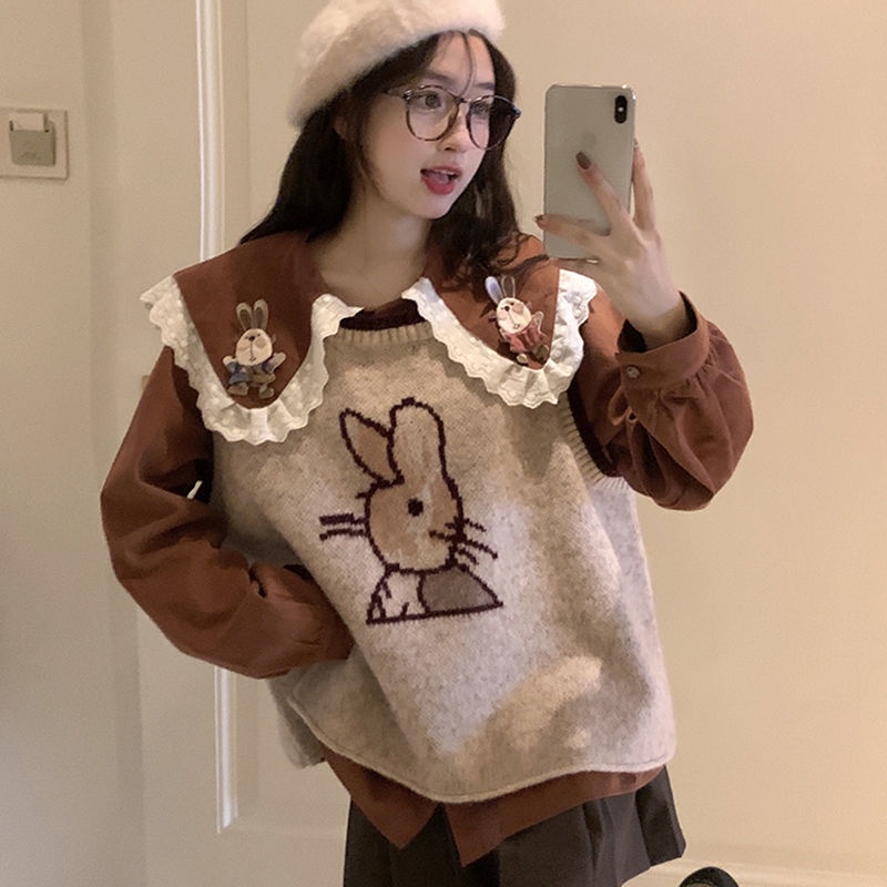 Áo babydoll áo sơ mi bánh bèo Áo Sơ Mi Dệt Kim Không Tay Cổ Búp Bê Thêu Họa Tiết Hoạt Hình Thời Trang Mùa Thu 2022 Cho Nữ