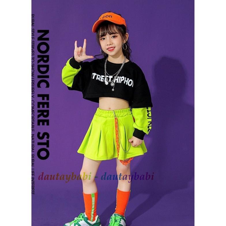 Set váy bé gái tập nhảy  size đại cá tính áo croptop dài tay phối chân váy xếp ly xòe có chip trong thun cotton mịn xịn
