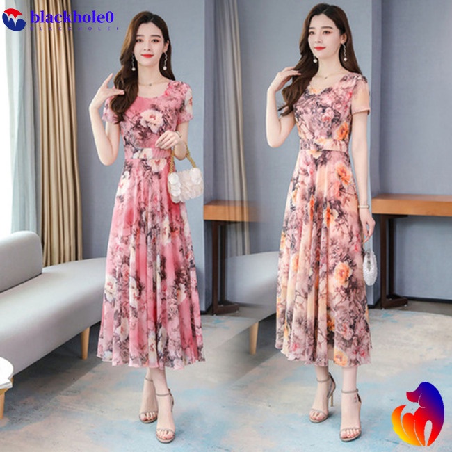 Đầm Dài Qua Gối Tay Ngắn In Họa Tiết Hoa Ngọt Ngào Lãng Mạn Cho Nữ