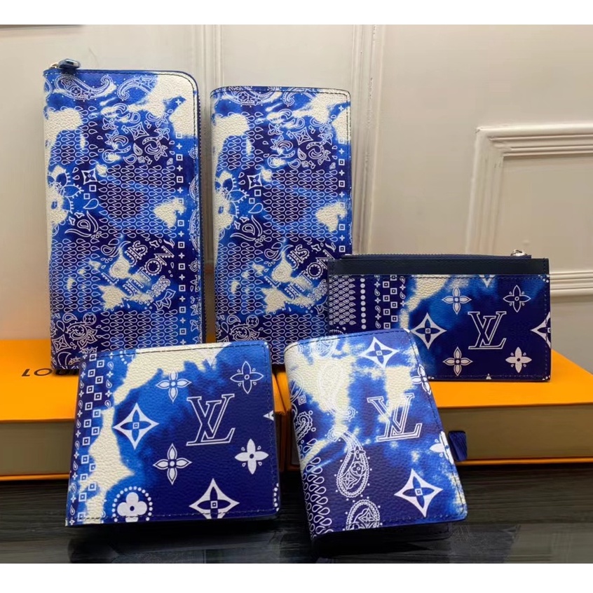 Hình ảnh vật lý mới của Louis vuitton thẻ M81432 lụa dài màu xanh lụa series LV ví đàn ông với hộp M81413 M81404 M81405 M81403