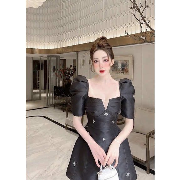 Đầm váy tafta nhũ đính nơ xoè tay phồng/bồng cúp ngực thời trang hot girl thiết kế tiểu thư sang trọng công chúa dự tiệc