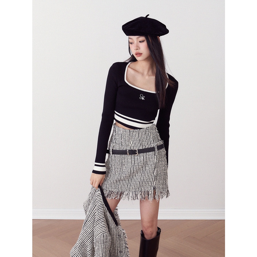 Cocory vn Áo Croptop Dệt Kim Cổ Vuông Tay Dài Dáng Ôm Kẻ Sọc Thời Trang Quyến Rũ Cho Nữ