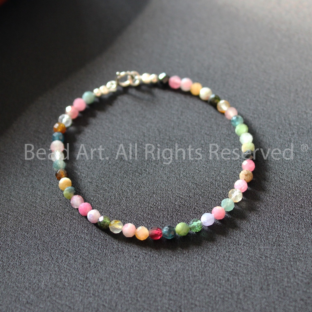 Lắc Tay 3MM Tourmaline Nhiều Màu Giác Cắt Và Bạc 925, Vòng Tay Phong Thuỷ - Bead Art