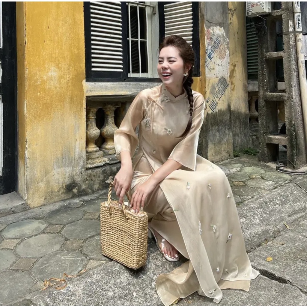 Áo dài cúc chi cách tân may sẵn voan tơ thêu 4 tà cao cấp siêu đẹp cho nàng diện Tết 2023 giá rẻ saam