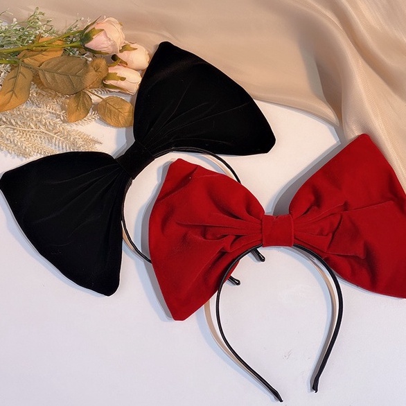 Bờm tóc nơ nhung, băng đô cho bé gái phom nơ siêu to màu đen và đỏ - L002