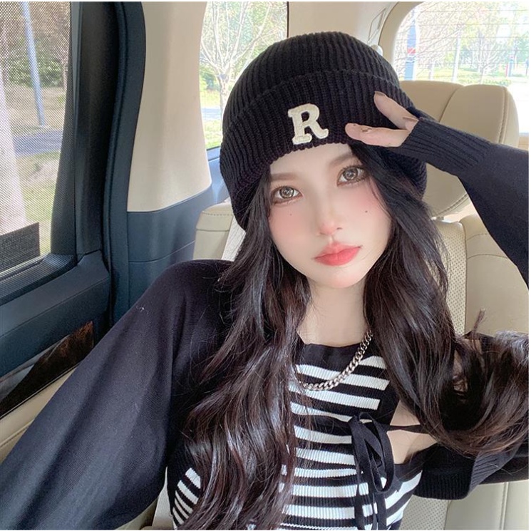 Mũ len nam nữ in chữ R unisex cá tính trùm tai ấm áp kiểu beanie đi chơi chụp ảnh đẹp rẻ thời trang Hàn Quốc