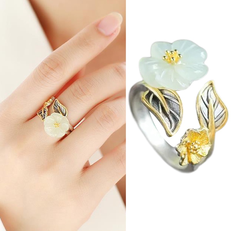 Nhẫn Mạ Vàng 18K Đính Đá Ngọc Bích Trắng Phong Cách Cổ Điển