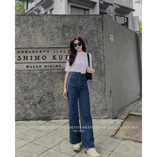 Quần bò ống rộng nữ quần bò jeans cạp cao khuy lệch túi trước ống suông