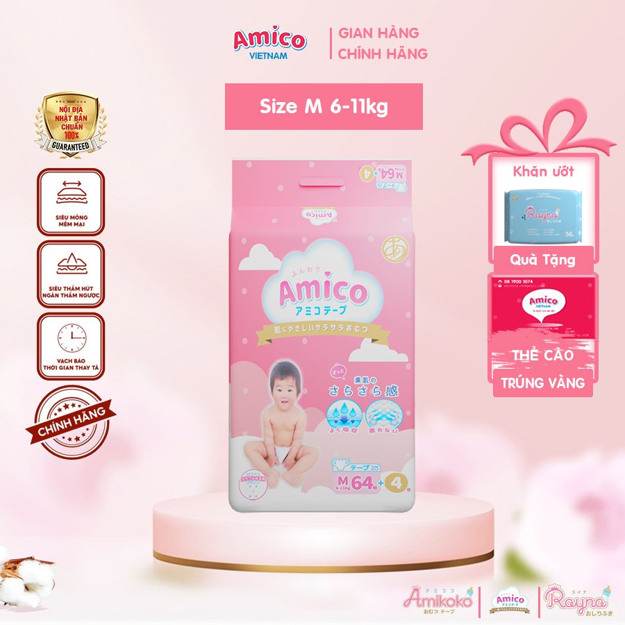 Bỉm - Tã dán Amico size M 64 + 4 miếng (Cho bé 6 - 11kg)