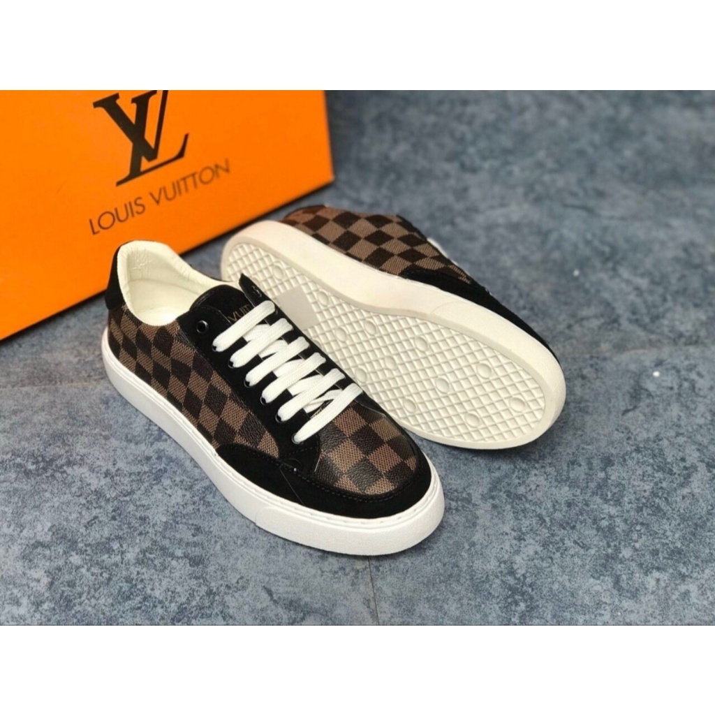 Giày Thể Thao Nam Da PU Bóng In Họa Tiết Caro Cá Tính, phối nỉ, Đế Cao Su Siêu Êm Ái,Full Size